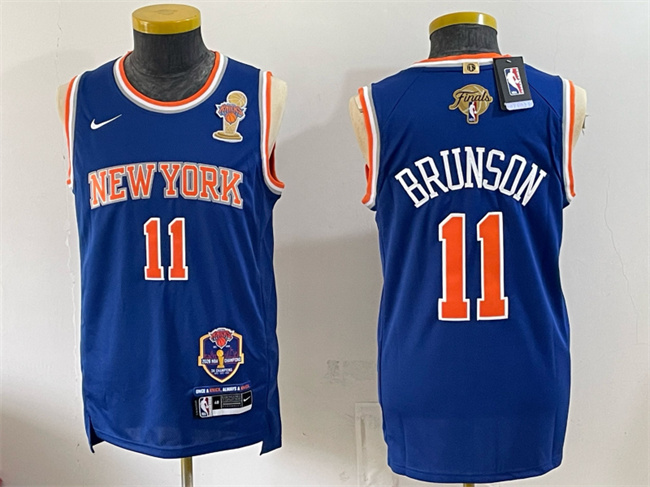 Men's New Yok Knicks #11 Jalen Brunson Blue 2026 Finals Champions Patch Statement Edition Stitched Jersey